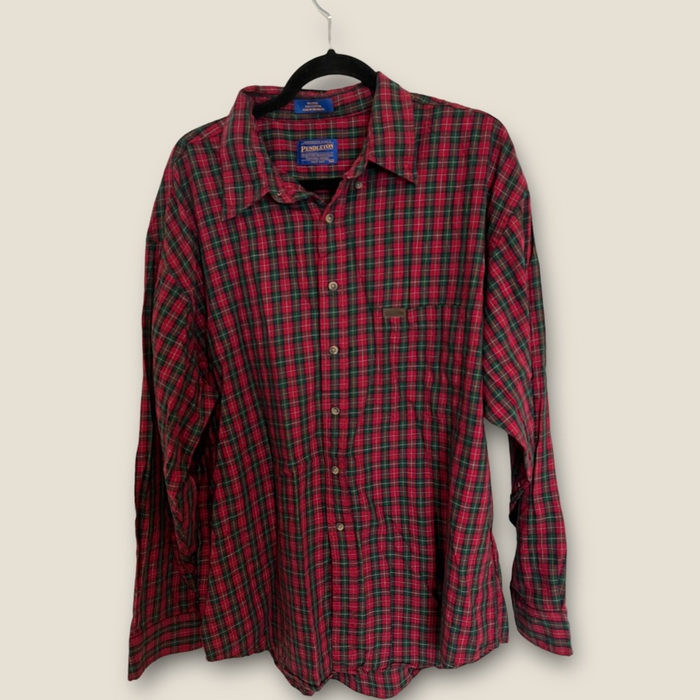 Pendleton Shirt Men's XL Checkered Red Green Long Sleeve Cotton Top Button Down✅